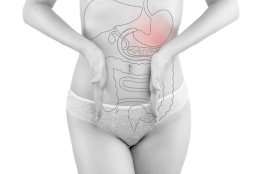 Stomach pain. Beautiful woman photography isolated on white background with inner organs illustration on her body. Digestive problems.