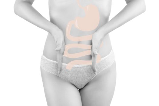 Beautiful woman touching her stomach isolated on white background with digestive organs illustration. Healthy eating, digestive problems.