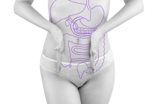 Beautiful woman photography isolated on white background with inner organs illustration on her body. Digestive problems.