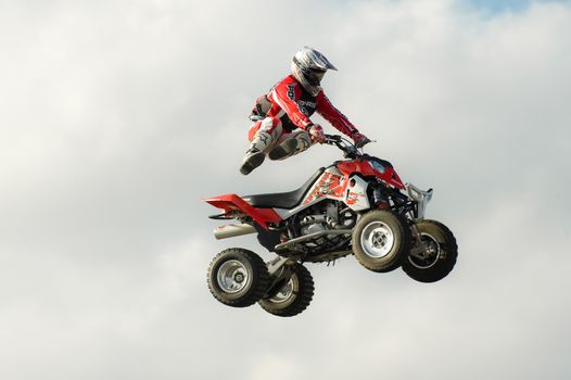 Northamptonshire, UK - October 29, 2011: Stunt rider Jason Smyth performing at the Flame and Thunder event at Santa Pod Raceway in Northamptonshire, UK