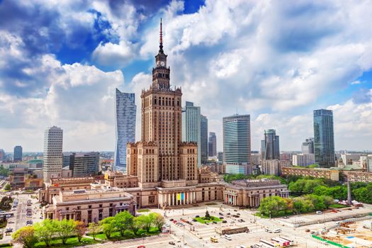 Warsaw, Poland. Aerial view Palace of Culture and Science and downtown business skyscrapers, city center.