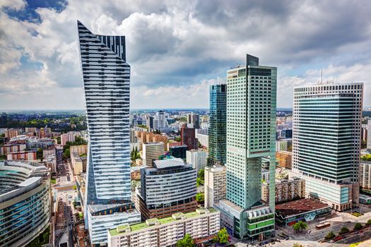 Warsaw, Poland. Aerial view on downtown business skyscrapers, city center