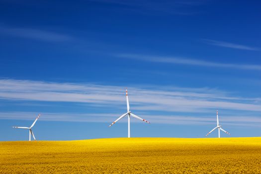 Wind turbines on spring field. Alternative, clean and natural source of energy is gaining pupularity. Eco farm.