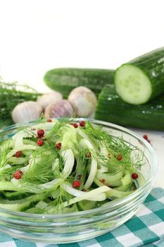 a bowl of cucumber salad with dill and red pepper berries