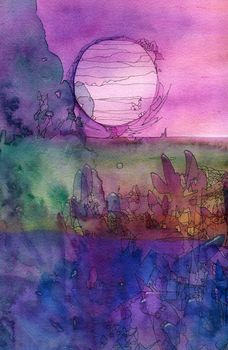 Abstract painted original watercolor and ink pen background texture - sun landscape. 