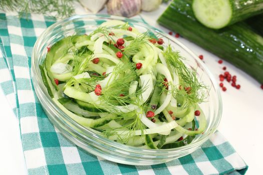 a bowl of cucumber salad with dill and red pepper berries