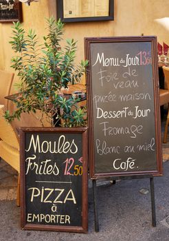 Menu of street restaurant in Aix en Provence town, PACA, France
