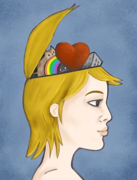 Illustration of a woman with open head and cute things inside