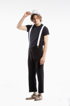 Young Man with Brown Hair and White Hat - Isolated on White.