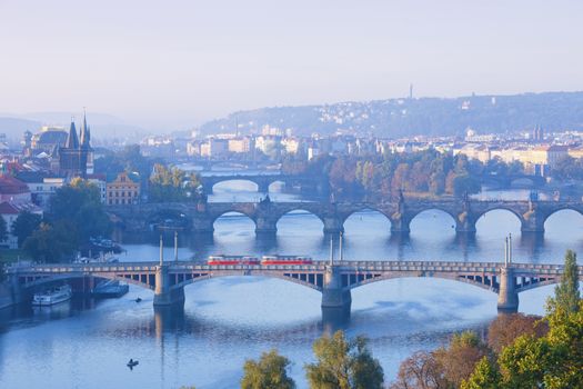 czech republic, prague - bridges over vltava river at morning light