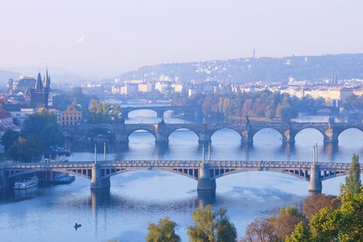 czech republic, prague - bridges over vltava river at morning light