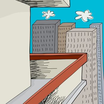 Cartoon of balcony with blank wall and tall buildings