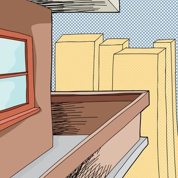 Cartoon balcony on apartment with halftone background