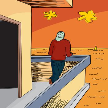 View of ocean with man and sunset cartoon