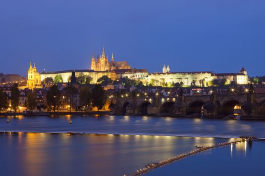 czech republic, prague - charles bridge and hradcany castle at dusk