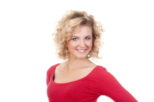 young blond woman in red top smiling - isolated on white