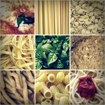 Vintage looking Italian food collage including 9 pictures of pasta, bread, pizza