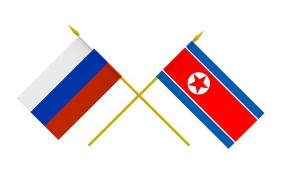 Flags of North Korea and Russia, 3d render, isolated