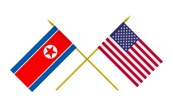 Flags of North Korea and USA, 3d render, isolated