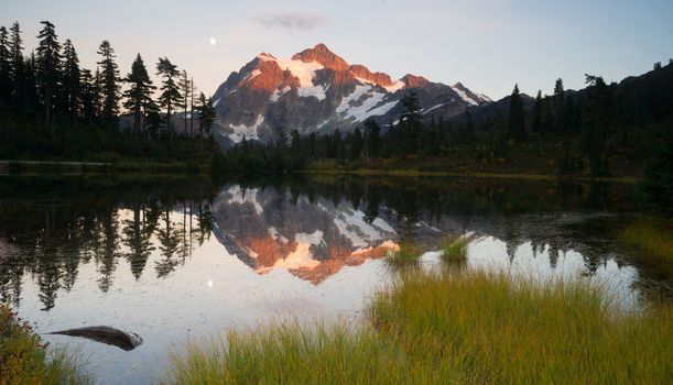 Mt. Shuskan refelcted in Picture Lake at sunset.