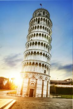 Pisa, place of miracles: the leaning tower and the cathedral baptistery, tuscany, Italy 