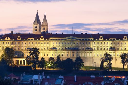 czech republic prague -partial view of illuminated hradcany castle at dusk