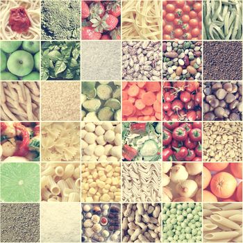 Vintage looking Food collage including pictures of vegetables, fruit, pasta and more