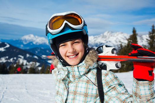 Ski, skier, winter - lovely girl has a fun on ski