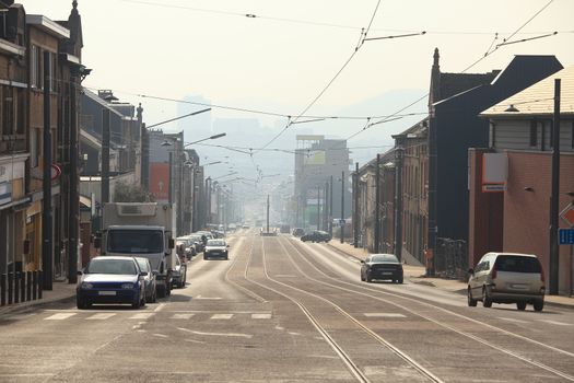 Urban street with smoggy view in Belgium