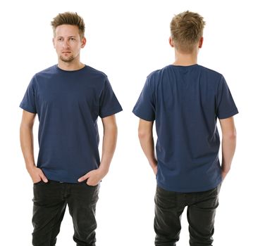 Photo of a man wearing blank navy blue t-shirt, front and back. Ready for your design or artwork.