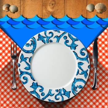 Empty plate with fork and knife, red and white checkered tablecloth, seashells and blue waves on wooden background. Table set for a seafood menu