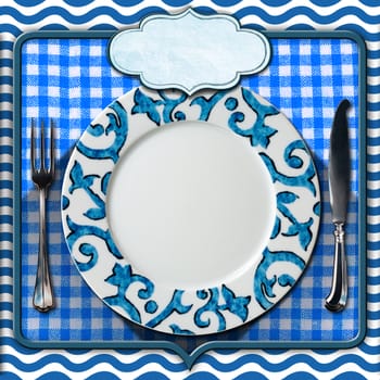 Abstract background with waves, empty plate with cutlery, blue and white checkered tablecloth and empty label. Table set for a seafood menu