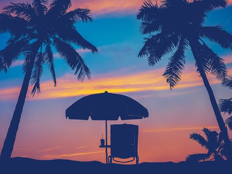 Retro Filter Vintage Beach Umbrella And Chair With Palm Trees In Hawaii