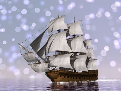 Old merchant ship in blue bokeh background - 3D render