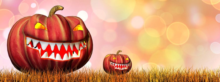 Two pumpkins on autumnal grass for halloween - 3D render