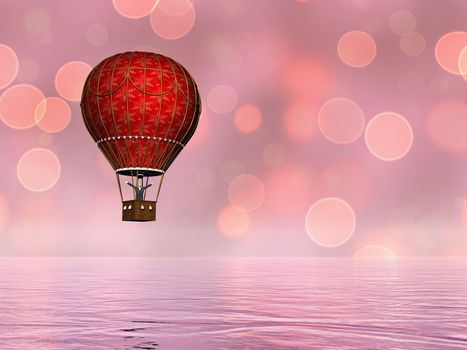 One red vintage hot air balloon upon water in bokeh background - 3D render