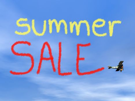 Summer sale message from biplan smoke in blue sky - 3D render