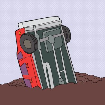 Cartoon of single red car stuck in junk pile