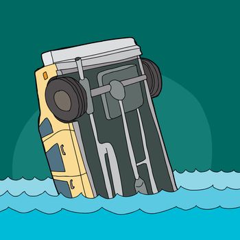 Cartoon of single yellow automobile sinking in water