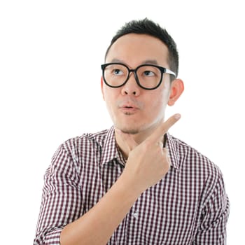 Portrait of Asian man get shocked and looking up isolated on white background.