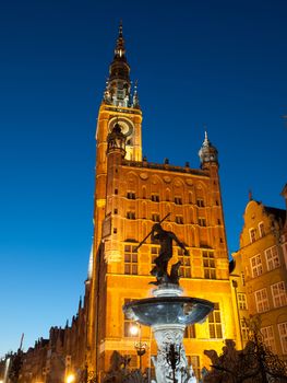 Gdansk Town Hall and Neptune Fountain by night, Poland