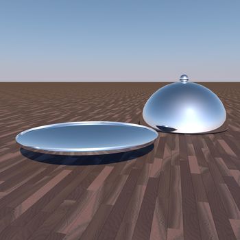 Shiny silver plate with cover over wooden table, 3d render