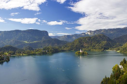 Panoramic view of Bled Lake, Slovenia, Europe 