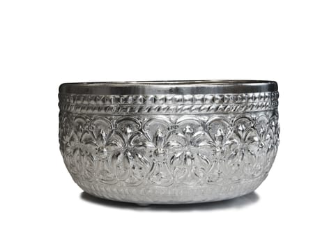 side view of Silver bowl made from aluminium Thai style on white backgound isolated.