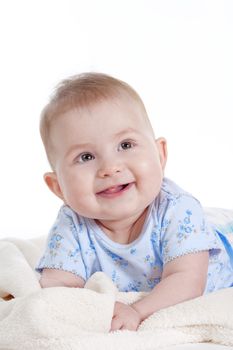 portrait of sweet little baby girl with a blanket - isolated on white