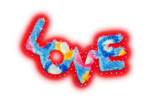 Red label love fluff and sequin on white background with clipping paths