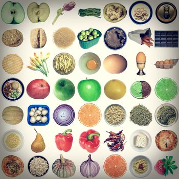 Vintage looking Collage of food isolated over white background