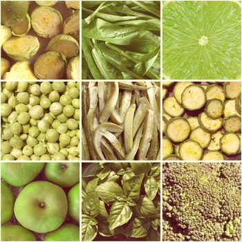 Vintage looking Food collage including 9 pictures of green vegetables