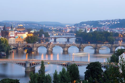 czech republic, prague - bridges over vltava river at dusk
