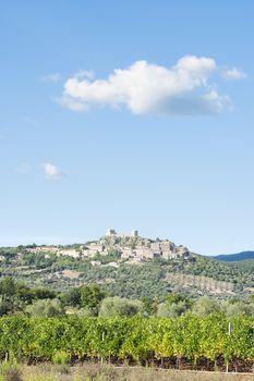 View to Montemassi and landscape in Tuscany Italy in autumn with blue sky
